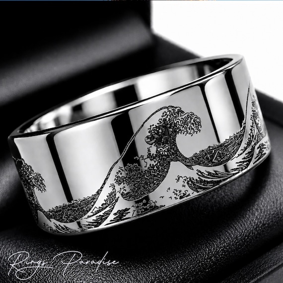 Mens Silver Tungsten Wedding Band, Ocean Wave Ring- 8mm - Etsy