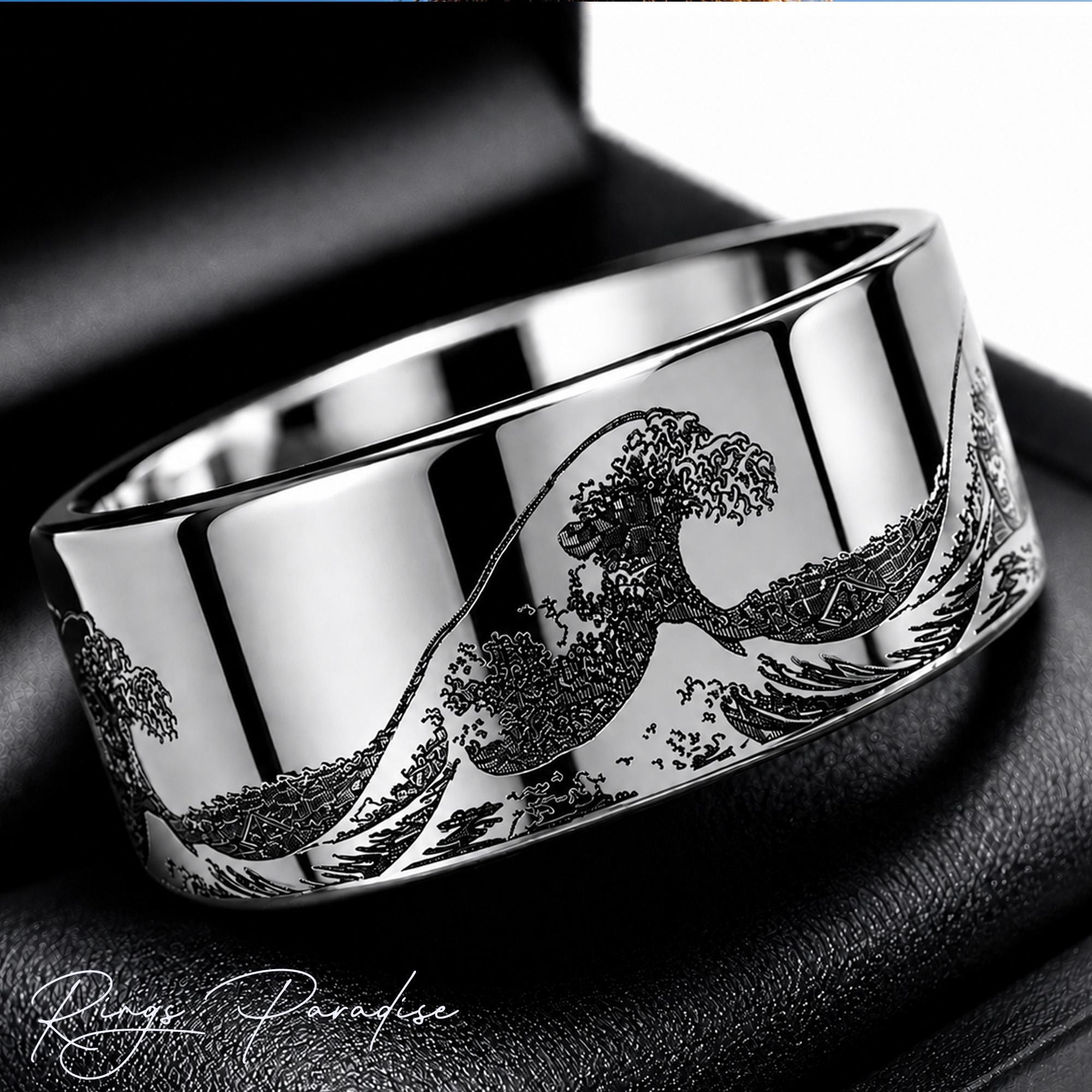 Mens Silver Tungsten Wedding Band, Ocean Wave Ring- 8mm - Etsy