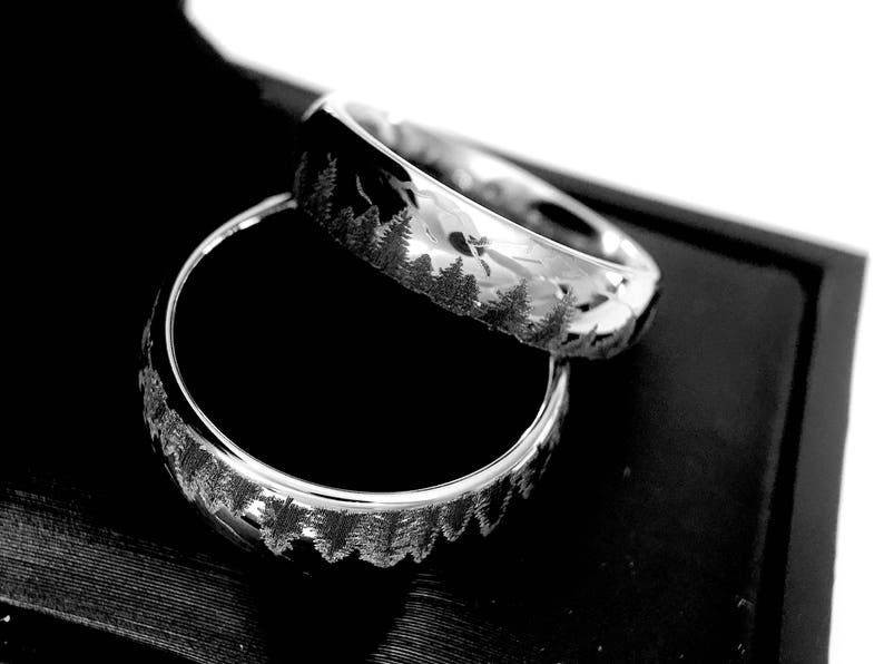 Wedding Bands, Fir Trees in Mountains Forest landscape Pattern, Mens and Women Ring, Tungsten Forest Engraved Ring, His and Her Promise Ring image 6