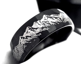 Black Hammered Tungsten Ring | Mountain Range Engraved Wedding Band for Men | Brushed Finish | 8mm Comfort Fit | Gift for Husband or Partner