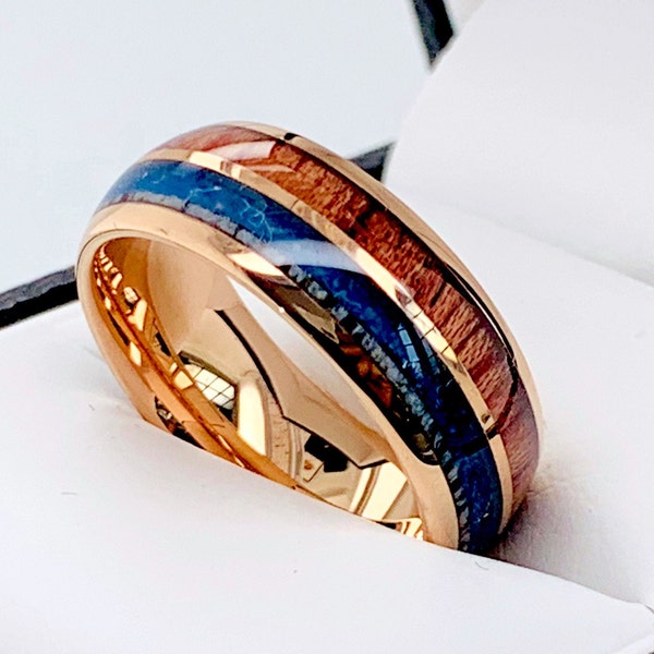 Wedding Bands, Mens Ring, Wood Ring,  His and Her Promise Rings, Engagement Rings, Antler Rings, Rings for Women, Rose Gold, Blue Agate Ring