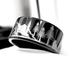 Black Tungsten Wedding Band | Pine Trees & Mountain Engraved Ring | Durable Engraved Men’s and Women’s Nature Ring