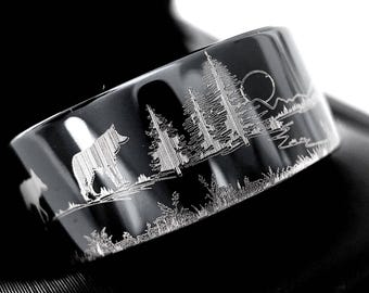 Personalized Black Tungsten Ring | Forest Animal Wedding Band (8mm / 10mm / 12mm)