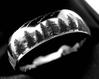 Wedding Bands, Fir Trees in Mountains Forest landscape Pattern, Mens and Women Ring, Tungsten Forest Engraved Ring, His and Her Promise Ring