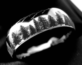 Wedding Bands, Fir Trees in Mountains Forest landscape Pattern, Mens and Women Ring, Tungsten Forest Engraved Ring, His and Her Promise Ring