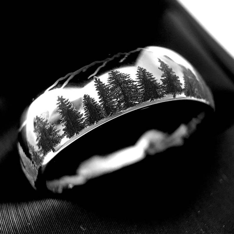 Wedding Bands, Fir Trees in Mountains Forest landscape Pattern, Mens and Women Ring, Tungsten Forest Engraved Ring, His and Her Promise Ring image 1