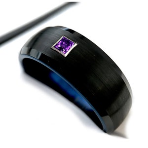Black Tungsten Ring: Square Amethyst Stone, Blue Interior, Comfort Fit Mens Ring - 8mm