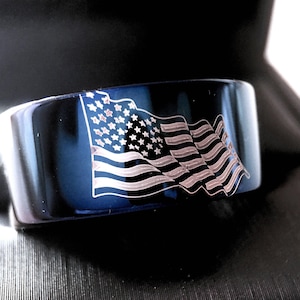 American Flag Tungsten Ring | 4th of July Wedding Band | Blue Mens Ring | Patriotic Promise Ring | USA Flag Engraved Ring | Military Gift