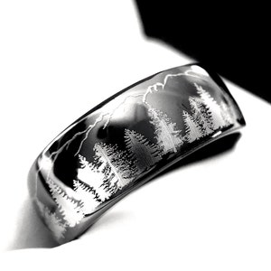 Personalized Black Brushed Tungsten Carbide Ring with Fir Forest Mountains Engraving, Rustic Men&#39;s Rings, Nature-Inspired Wedding Band, 8mm