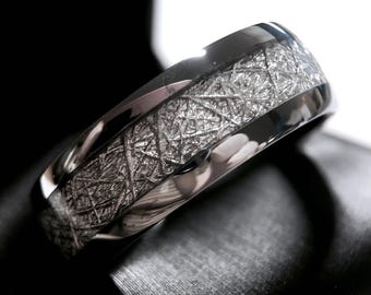 Meteorite Inlay Tungsten Ring | 4mm 6mm 7mm 8mm | Men's Astronomy Wedding Band | Women's Meteorite Ring | Comfort Fit | Cosmic Ring