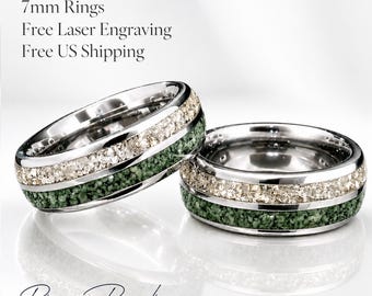 Silver Tungsten Wedding Band | Unisex 8mm Green Moss and German Crystal Inlay Ring