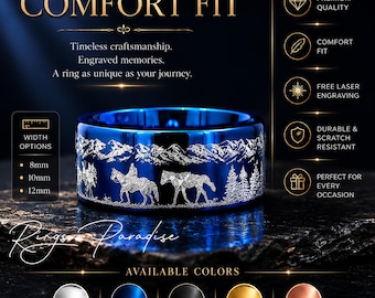 Blue Tungsten Cowboy & Bison Engraved Western Ring (8mm, 10mm, 12mm)
