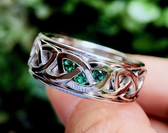 14k Gold White Celtic Knot Ring with Three Emeralds Wedding Bands Engagement Rings Set Gold Wedding Bands Custom Made by Rings Paradise
