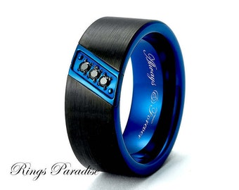 Men’s Wedding Bands — Two Tone Black & Blue Tungsten Ring with Stones (8mm)