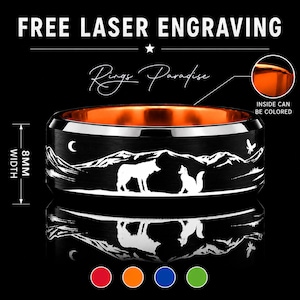May include: Black ring with a mountain and wildlife design. The ring has a width of 8mm and features a white wolf and fox silhouette. The inside of the ring can be colored. The text "FREE LASER ENGRAVING" and "Rings Paradise" are displayed.