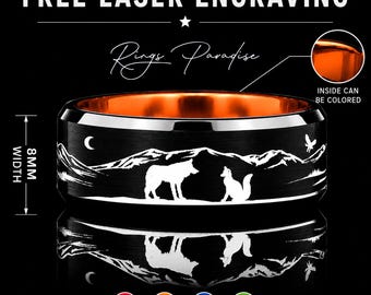 Wolf & Fox Tungsten Wedding Band: Mountain Forest Engraving, 8mm
