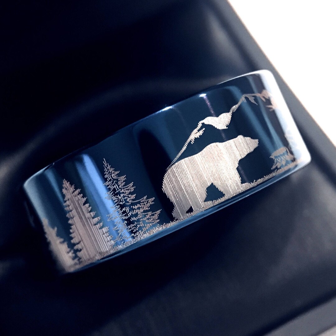 Tree Rings Bear Bears in Mountains Forest Ring | Blue Tungsten Wedding Band | Wildlife ...