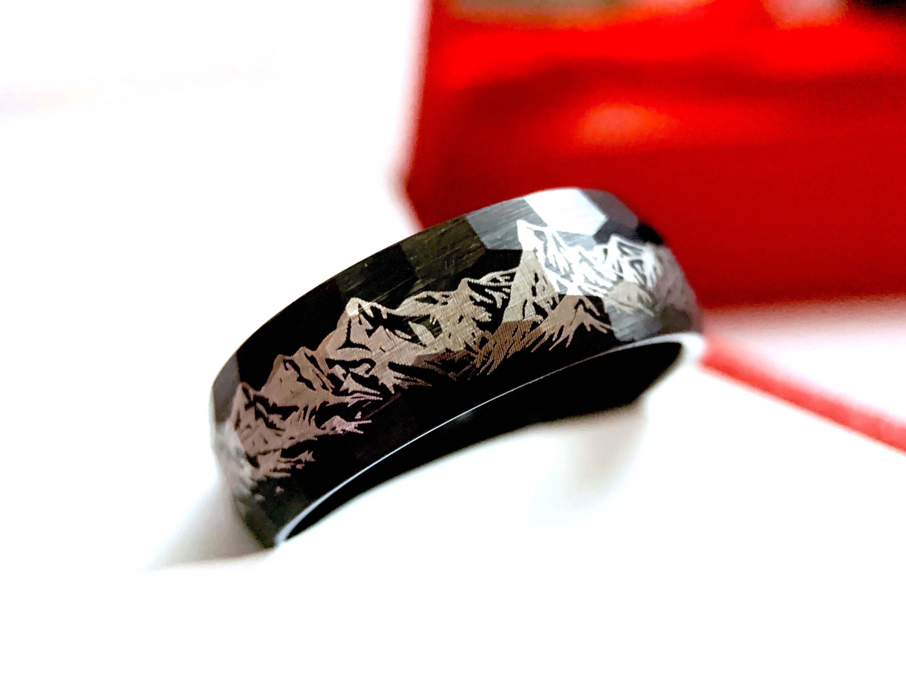 Mens Wedding Band Mountains Pattern Engraved Black Hammered - Etsy