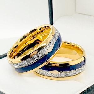 Blue Agate Meteorite Ring | Gold Arrow Tungsten Wedding Band, Comfort Fit - 8mm
