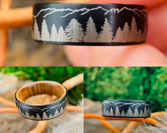 Whiskey Barrel Black Tungsten Wedding Band, Mens Wedding Band, Fir Trees in Mountains Forest landscape Pattern Engraved Mens and Women Ring