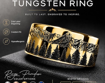 Yellow Gold Tungsten Ring | Forest Mountain Engraved | Nature Band