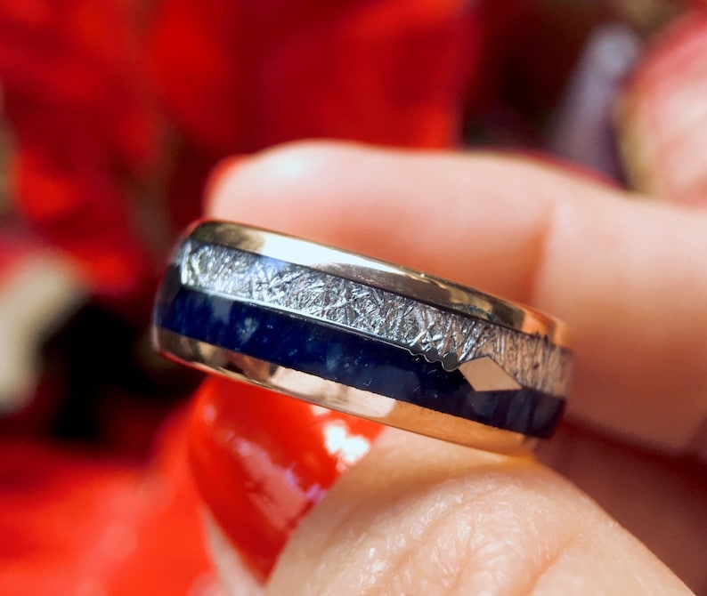 Mens Wedding Bands Blue Agate Meteorite Inlay Rose Gold Etsy
