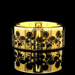 Yellow Gold Tungsten Wedding Ring | Engraved Sunflower Pattern | Men’s & Women’s Band | Durable