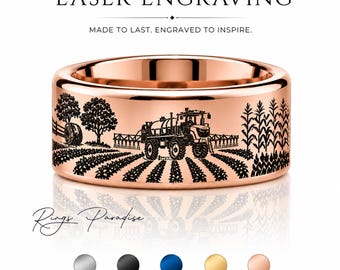 Farmer Legacy Ring | Agricultural Landscape Gold Tungsten Band | 6mm–12mm