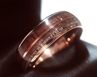 Mens Wedding Bands, Aventurine, Wood and Antler inlay Rose Gold Tungsten Ring, Mens Engagement Ring, Wedding Bands for Woman, His and  Hers