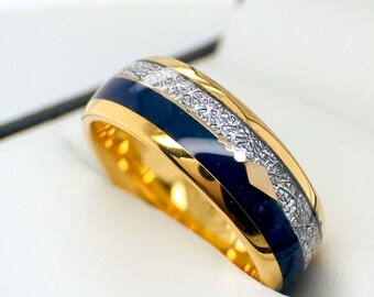 Mens Wedding Bands Blue Agate Meteorite Inlay, Yellow Gold, Arrow Inlay Engagement Ring, Tungsten Ring for Women, His and Hers Promise Ring