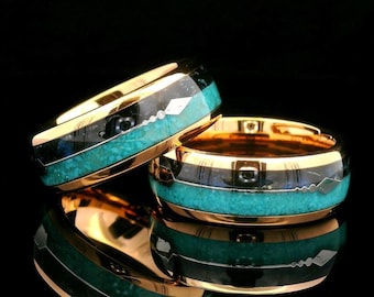 Couples Rings Set | Black Agate Turquoise Arrow Inlay Rose Gold Tungsten Band | His & Hers Promise Rings - 8mm