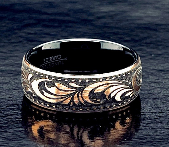Ornaments Pattern Engraved Black and Rose Gold Mens Tungsten Ring