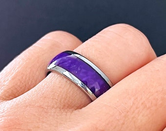 Purple Agate Ring, Matching Rings Set, Tungsten Ring, Mens Ring, Wedding Bands, His and Her Promise Rings, Engagement Rings, Rings for Women