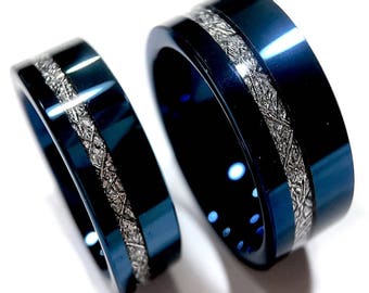 Blue Meteorite Tungsten Ring | Unisex Wedding Band for Couples | Durable Engagement Ring | Comfort Fit | Gift for Him or Her | 7mm 9mm