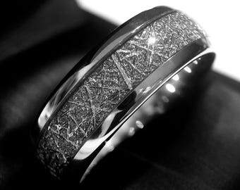 Meteorite Inlay Wedding Band Set | Tungsten Couples Rings | His and Hers Promise or Anniversary Rings – 6mm & 8mm