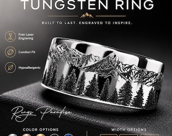 Silver Tungsten Ring | Mountain Forest Engraving | Nature Wedding Band