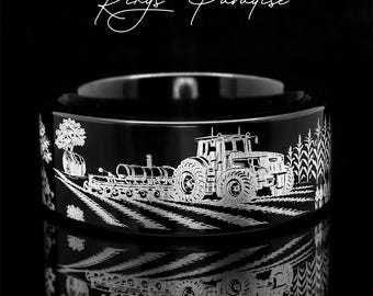 Custom Engraved Farm Wedding Ring | Tractor Band | Black Tungsten | Personalized Farmer Ring