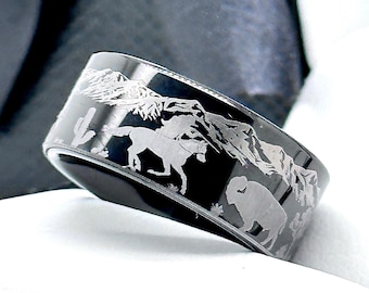 Anillo de tungsteno con grabado de vaquero y búfalo: alianza de boda negra estilo western - 8 mm, 10 mm