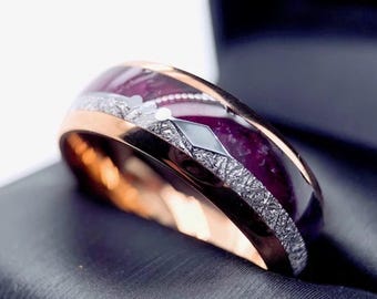 Anillo de tungsteno de ágata morada y meteorito con incrustación de flecha en oro rosa (8 mm)