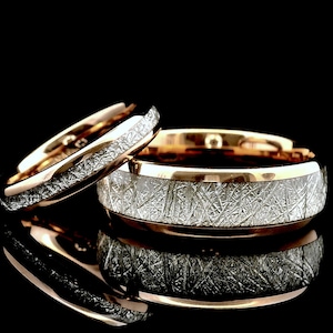 Meteorite Wedding Band Set, Meteorite Ring, Couples Wedding Rings, Mens and Women Tungsten Rings, Wedding Rings, Rose Gold, His and Her Ring