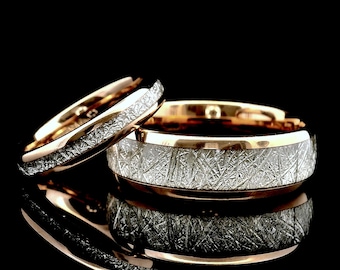 His & Hers Meteorite Inlay Rose Gold Tungsten Wedding Bands | 4mm 6mm 8mm | Couples Matching Rings | Comfort Fit