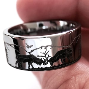 Antler Ring | Elks in Mountain Forest Landscape | Tungsten Wedding Bands for Men & Women | Hunter Ring | His and Her Promise Ring