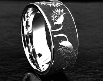 Silver Tungsten Carbide Ring, Sunflowers Pattern Engraved, Wedding Bands, Mens Tungsten Wedding Bands, Engagement Ring, Anniversary Gift