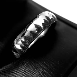 Wedding Bands, Fir Trees in Mountains Forest landscape Pattern, Mens and Women Ring, Tungsten Forest Engraved Ring, His and Her Promise Ring image 10