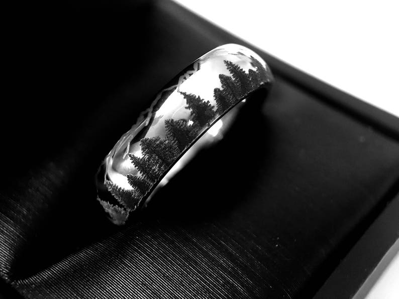 Wedding Bands, Fir Trees in Mountains Forest landscape Pattern, Mens and Women Ring, Tungsten Forest Engraved Ring, His and Her Promise Ring image 10