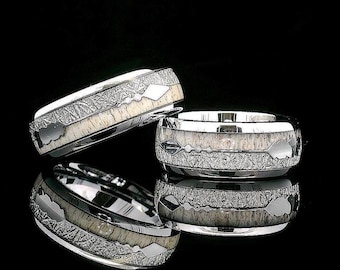 Matching Ring Set Arrow Ring Antler Meteorite Inlay Ring Men’s  Wedding Band Women’s Ring Unique Wedding Bands 8mm Couple Rings