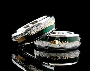 Green Agate Meteorite Tungsten Wedding Band | Arrow Inlay 8mm Promise Ring