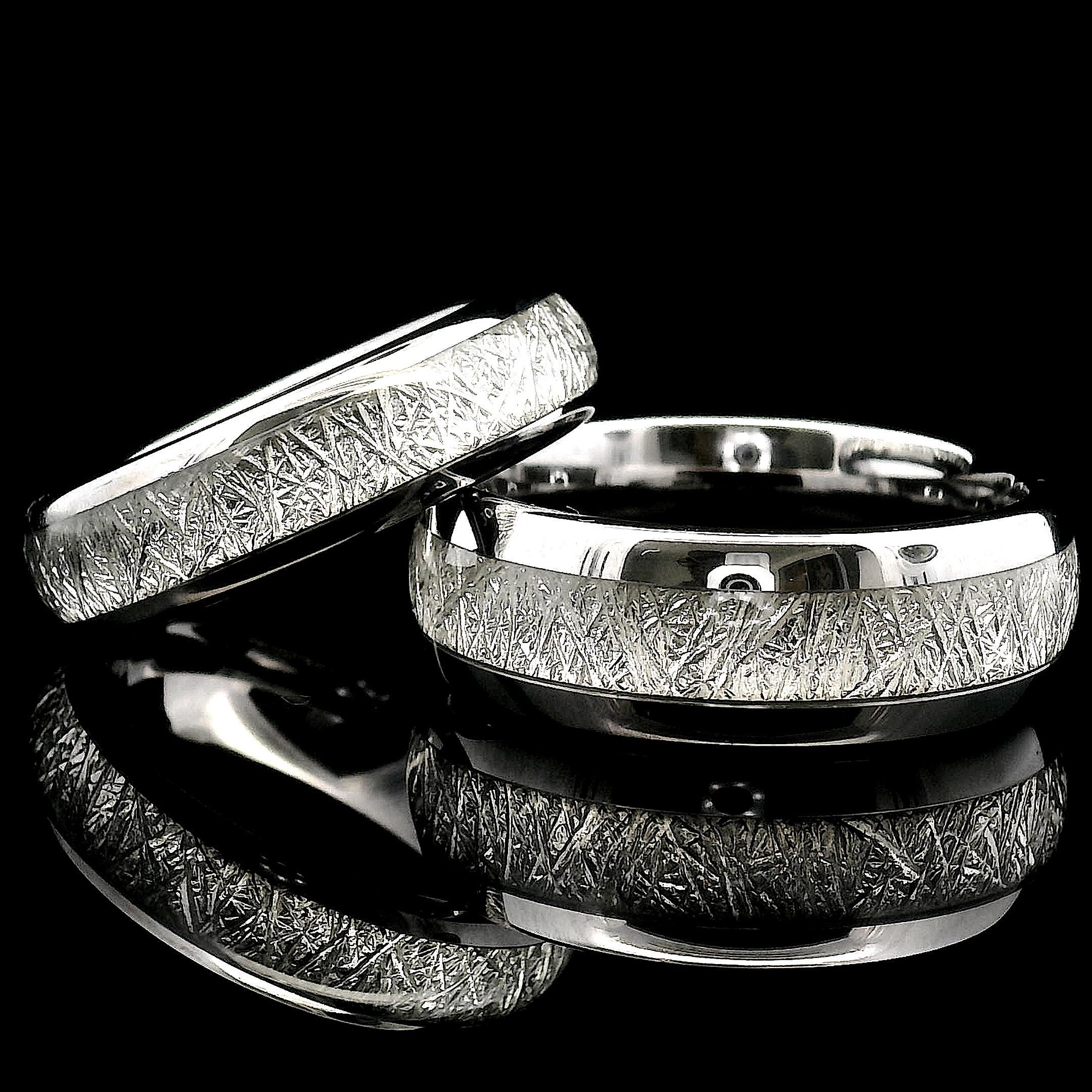 Tungsten Wedding Bands Set: Meteorite-Inspired Promise Rings  (6mm, 8mm)