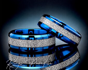 Blue Tungsten Meteorite Matching Rings Set — His & Hers Rings (6mm / 8mm)