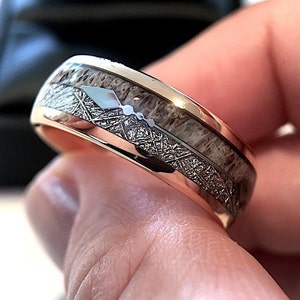 Rose Gold Tungsten Ring, Antler Ring, Mens Tungsten Band, Arrow Inlay Ring, Men Wedding Band, Men Antler Ring, Women Antler Ring